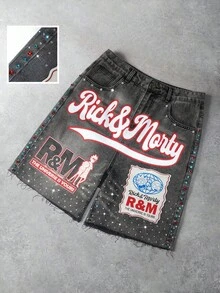 Rick and Morty X SHEIN Men's Casual Letter Print Rhinestone Embellished Denim Shorts, Summer - Grey - View 1
