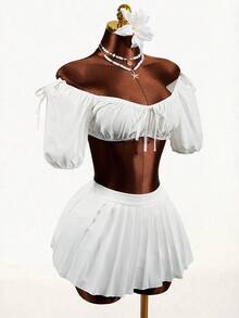 Mistrie Women's Solid Color Off Shoulder Short Petal Sleeve Front Tie Cropped Fashionable Top - White - View 5