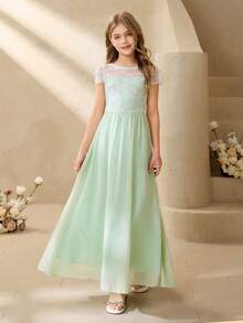 Girls' Lace Patchwork Chiffon Flower Girl Long Dress, Waist Cinched, Suitable For Weddings, Parties, Birthdays, Banquets, All Seasons Junior Bridesmaid Dress Teen Girls Elegant Dress Pastel Colour Dress For Tween Girls Tween Girls Elegant Bridesmaid Lace Long Dresses For Tweens Elegant Dresses For Girls Girls Lace Dress Prom Dress For Tweens Kids Formal Dress Prom Dress For Kids Girls Formal Dress Dresses For 12 Yrs Old Tween Formal Dress - Green - View 3
