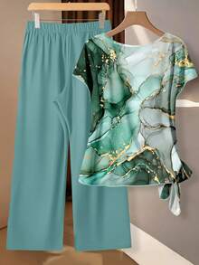 SHEIN Clasi 休闲简约风蓝绿色仿箔抽象花卉图案女式衬衫，配蝴蝶结领带和黑色宽松直筒裤两件套，适合秋冬季节，复古风格 - 彩色 - 查看 2