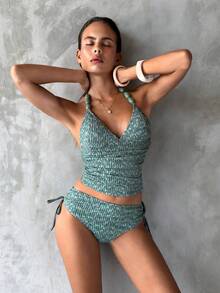 SHEIN Luminelle 2026 New Women's Summer Beach Vacation Special Textured Wavy Fabric Beaded Spaghetti Strap Spaghetti Strap Tie Side Backless Sexy Camisole Bikini Two Pieces Swimwear - Blue - View 1