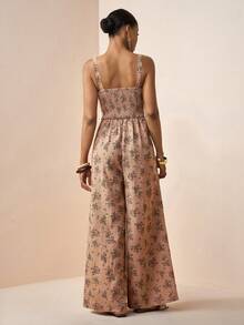 Zivah Retro Brown Floral Jumpsuit For Women Summer Boho Vacation Holiday Embroidered Spaghetti Strap Twisted Hollow Decor Beach Party Wedding Guest Outfit - Brown - View 3