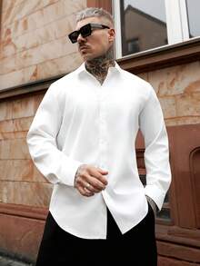 Artur Kramer Men Solid Button Front Shirt, For Husband, Long Sleeve, Plain, Work, For Fall, Old Money Style - White - View 5