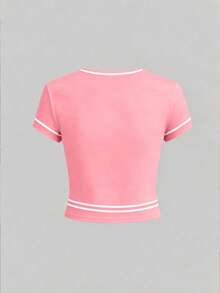 1件少女夏季新款甜美简约休闲印花T恤，双条纹印花，平面设计，百搭修身T恤，经典条纹蝴蝶结，日常穿着，学生装，户外休闲上衣 - 粉色 - 查看 2