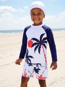 SHEIN 2件套男童休闲度假棕榈树图案泳裤套装 - 白色 - 查看 4