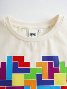Tetris™ X SHEIN 1pc Casual Young Girl Round Neck Short Sleeve Heart & Letter Print T-Shirt - Apricot - View 3