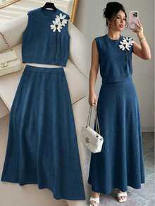 Franclia Nuovo set da 2 pezzi autunno/inverno, maglia smanicata con collo a giro e motivo floreale 3D abbinata a gonna midi a-line in maglia, stile versatile e ampio - Blu - Visualizzare 2