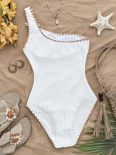 SHEIN Traje de baño de una pieza para adolescentes con detalles de estrella de mar metálica, textura de punto y ribete de contraste para el verano y la playa