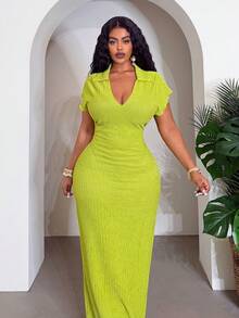 Slaydiva 2026春夏新款音乐节、复活节、圣帕特里克节、西部风、游牧风、生日派对、毕业典礼、学院风、学生装、日常休闲、百搭、休闲、邮轮旅行、海滩、日光浴、爆款、街头风、婚礼宾客波西米亚风、通勤、早午餐、机场、派对及假日修身Polo领V领长款连衣裙 - 绿色 - 綠色 - 查看 6