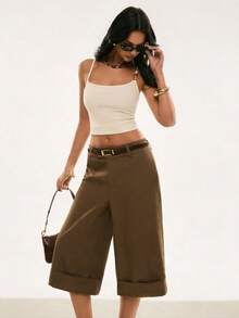 Poéselle Quần lửng ống rộng đơn sắc, đa năng dành cho nữ. - màu nâu - Xem 2