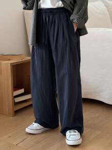 DAZY Tween Boy Solid Color Drawstring Waist Casual Versatile Everyday Loose Pants - Navy Blue - View 3