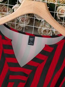 Plus Size Women's Colorblock Striped Print Long Sleeve Shirt For New Year Clothes - Red - View 5
