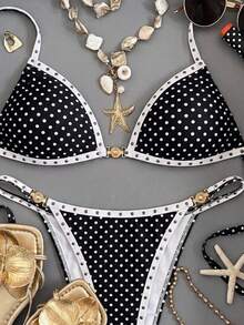Swim Chiccia Conjunto de bikini de traje de baño de mujer con estampado de lunares sexy para playa de verano - Blanco y Negro - Ver 10