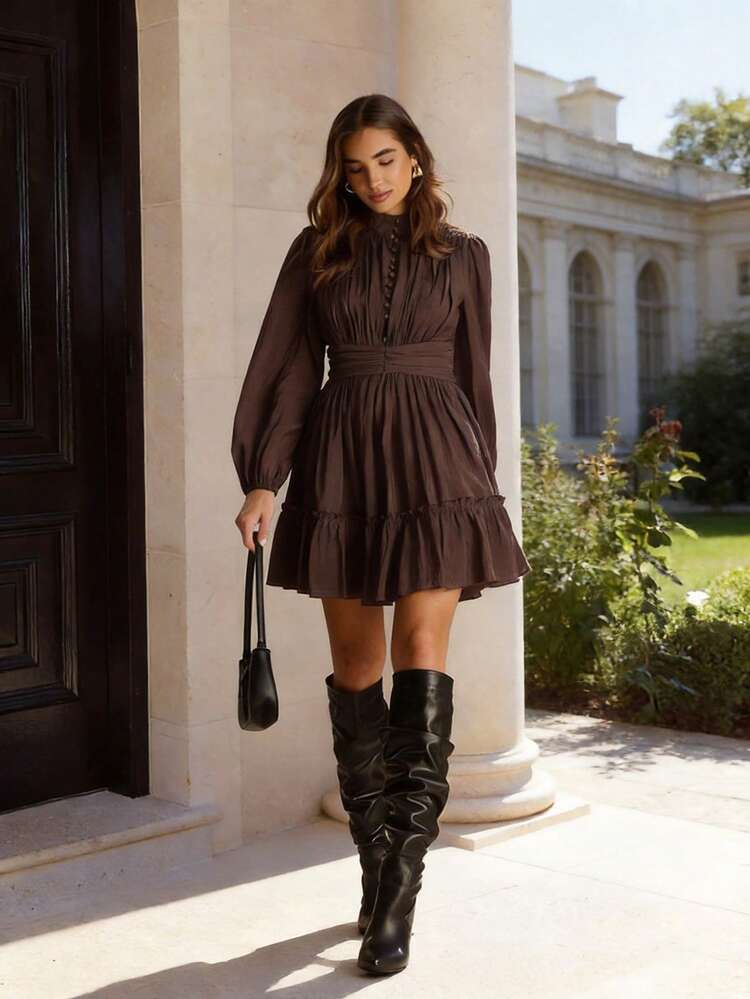 Enchnt Vestido da Moda com Gola Padre, Manga Balão, Franzido e Bainha com Babado em Cor Sólida para Mulheres - Castanho - Visão 1