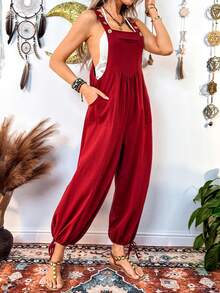 EMERY ROSE 休闲度假亚麻垂褶连体裤，配吊带 - 酒紅色 - 查看 6