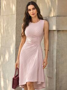 Ellevyn Women's Regular Ocean Blue Shiny Ruched Round Neck Slimming Elegant Midi Dress - Blue - View 3