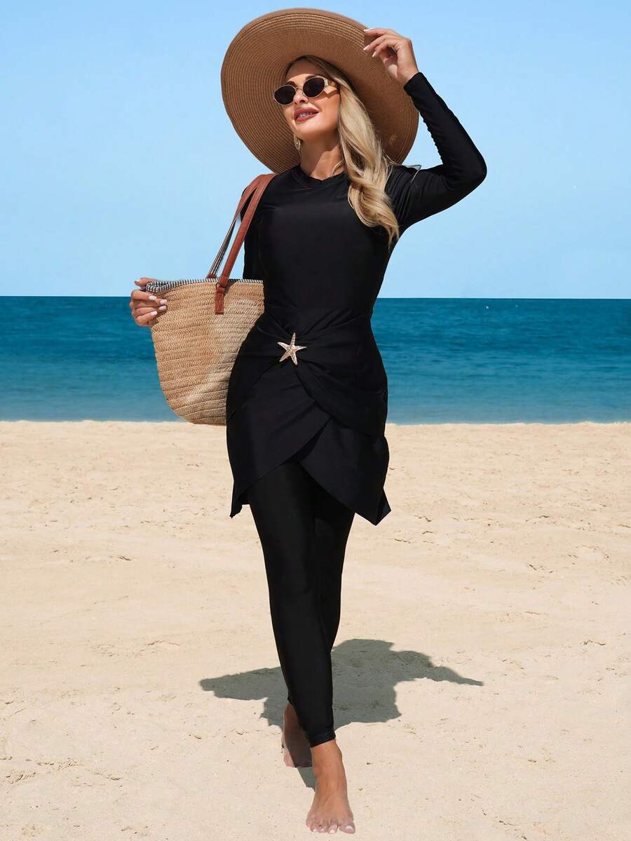 Swim Mulvari 两件套纯色高领长袖上衣和带有腹部装饰的端庄长裤，优雅泳装 - 黑色 - 查看 1