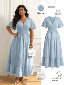 Femmeverse Plus Size Women Elegant Cap Sleeve Dress, Suitable For Beach Holiday - Blue - View 8