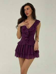Aloruh Women's Romantic V-Neck Layered Ruffle Hem Dress, Suitable For Vacation, Casual Wear, Spring/Summer ,Summer Dress - Purple - View 6