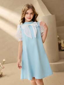 Tween Girls' Elegant Lily Satin Puff Sleeve Dress With Cute Bow Design And Blue Wave Pattern, And Gentle - Blue - View 7