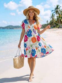 Sylviya 大码女式V领印花褶皱休闲度假迷你连衣裙，夏季 - 彩色 - 查看 3