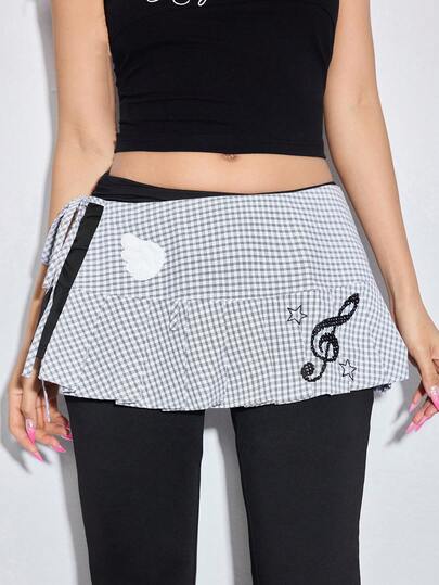 ROMWE Anime 1pc Y2K Baddie Kawaii Sweet Retro Plaid Pop Art Polka Dot Wing Note Mass Produced Lace-Up Waist Accessory, Suitable For College, Shopping, Concerts, Etc.