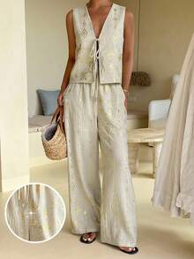 Livesso Conjunto de Colete Regata e Calça Casual de Perna Reta com Estampa Floral e Geométrica para Primavera e Verão, Conjunto Elegante de Duas Peças para Ir ao Trabalho, Férias, Praia - Branco - Visão 2