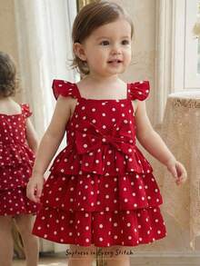 Cozy Pixies Baby/Toddler Girl Sweet Cute Red Polka Dot Strap Ruffle Layered Cake Dress, Summer Baby Girl Red Dress Toddler Polka Dot Dress Baby Girl Strawberry Dress Baby Summer Dress - Red - View 8
