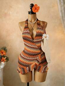 SaltGleam SaltGleam Striped Knit Textured Fabric Ruffle Trim Backless Halter Mini Dress - Multicolor - View 1