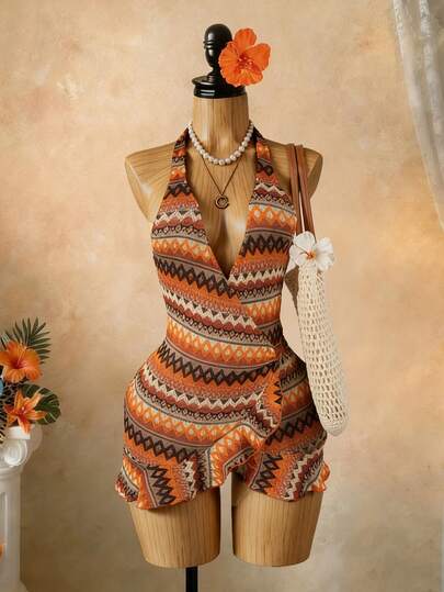 SaltGleam SaltGleam 条纹针织纹理面料荷叶边露背吊带迷你连衣裙