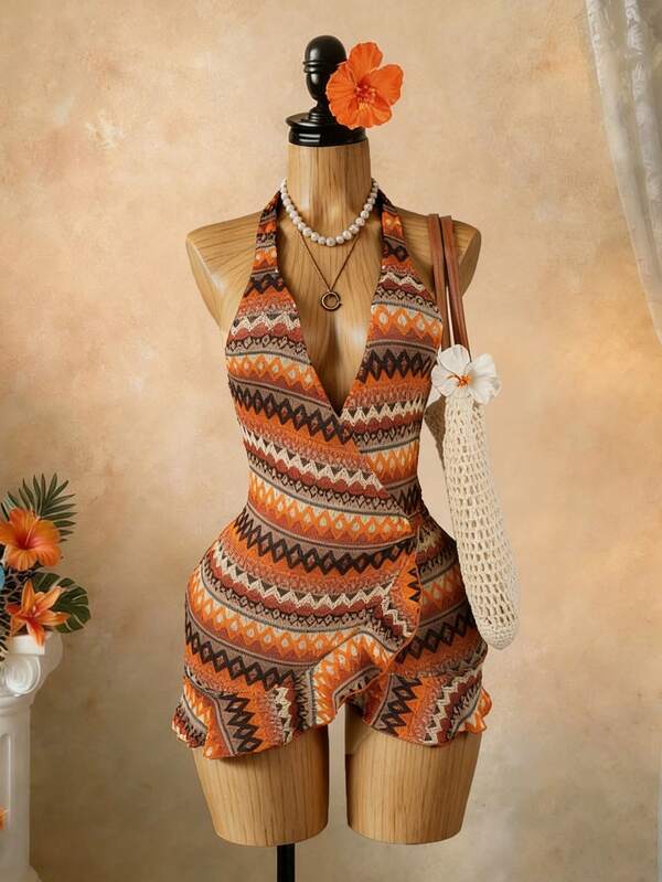 Lyxana Striped Knit Textured Fabric Ruffle Trim Backless Halter Mini Dress
