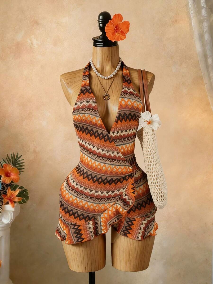 SaltGleam SaltGleam Striped Knit Textured Fabric Ruffle Trim Backless Halter Mini Dress - Multicolor - View 1