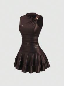 Sweetra Nuevo vestido mini de tela brillante, sexy, para fiesta, casual y de uso diario, sin mangas, con cintura ceñida, doble volante en el bajo, color marrón café para mujeres - Café integral - Ver 1