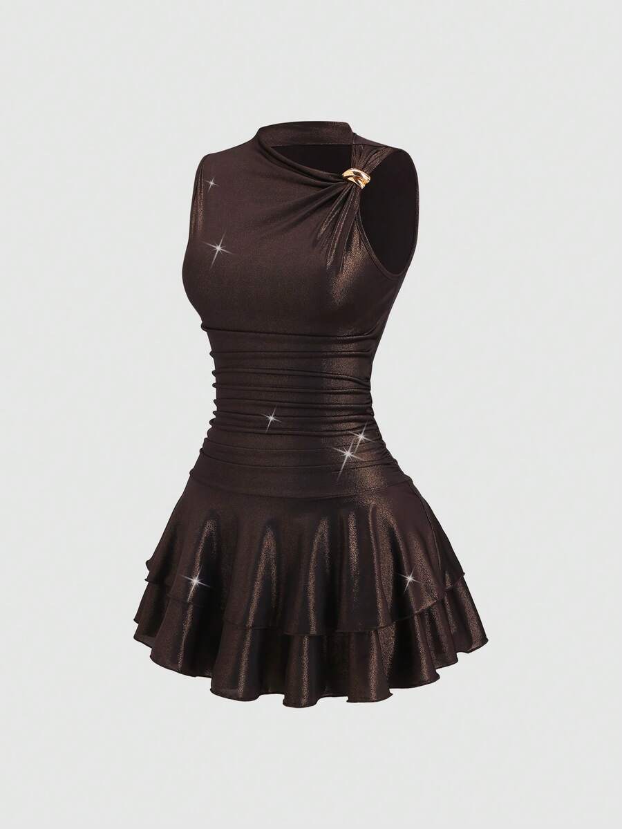 Sweetra Nuevo vestido mini de tela brillante, sexy, para fiesta, casual y de uso diario, sin mangas, con cintura ceñida, doble volante en el bajo, color marrón café para mujeres - Café integral - Ver 1
