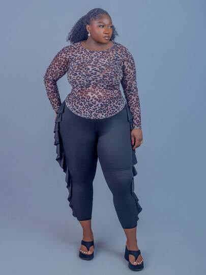 CurvyTilda 大码女式豹纹圆领长袖修身上衣度假装女士猎豹印花狂欢装节日夏季上衣简约时尚女士夏季服装