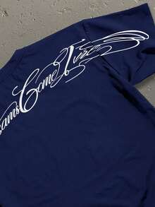 StoneGrade Camiseta suelta de manga caída con estampado de letras casual para hombre, verano - Azul Marino - Ver 2