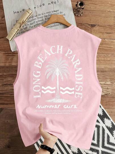 Manfinity Joysei Men's Casual Coconut Tree Slogan Print Tank Top