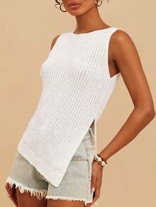 Travachic Nuevo Llegada Primavera/Verano 2026, Chaleco de punto asimétrico sin mangas con diseño calado para mujer, ideal para vacaciones - Blanco - Ver 8