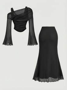 MOD Conjunto de 2 piezas elegante para mujer: Camiseta con estampado floral combinada con falda maxi de corte slim - Negro - Ver 7