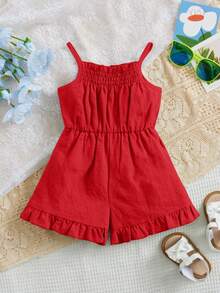 Baby Girl Ruffled Strap Romper, Comfortable & Cute, Suitable For Summer - Red - View 4