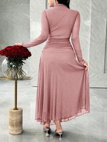 Feyla Long Sleeve Front Slit 3D Floral Elegant Versatile Party Dress - Pink - View 6