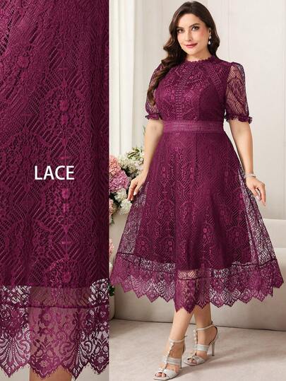 Reflora فستان أبيض من الدانتيل متوسط الطول للمرأة البدينة، فستان صيفي أنيق قصير الأكمام