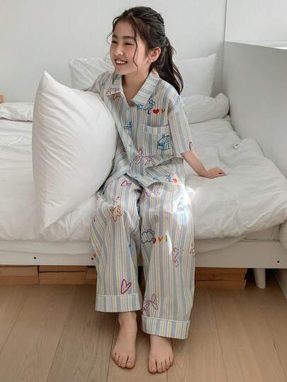 Dazy Kids Tween Girl Striped Short Sleeve Button-Up Top And Pants Pajama Set