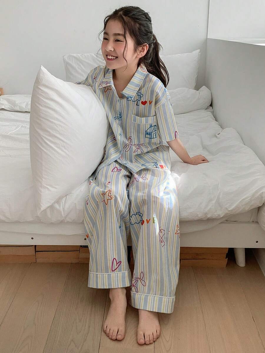 Dazy Kids 少女条纹短袖纽扣上衣和裤子睡衣套装 - 彩色 - 查看 1