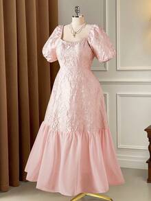 Rometta 大码优雅法式方领提花雪纺拼接长裙，适合春夏、上学、度假、毕业典礼、节日、情人节、圣诞节、音乐节、母亲节、万圣节、感恩节、复活节、国庆节、舞会、生日、约会、婚礼、郊游等场合。 - 粉色 - 查看 11