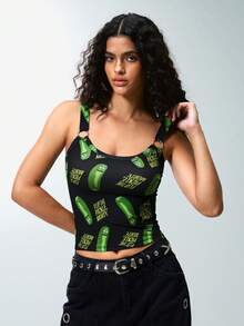 Rick and Morty X SHEIN Women's Circular Ring Connected Cropped Casual Tank Top, - Black - View 6