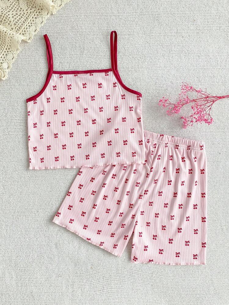 2pcs/Set Tween GirlsCute Cherry Print Camisole And Shorts Comfortable Pajamas - Pink - View 2