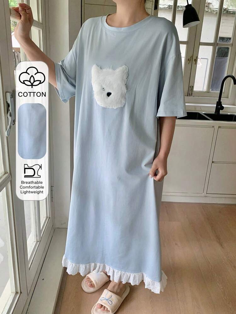 Dazy Plus Fashionable & Cute Cartoon Pattern Loose Fit Round Neck Short Sleeve Long Nightgown, Spring/Summer