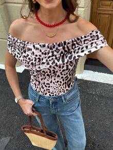 Solivie Women's Leopard Print Ruched Off-Shoulder Fashion T-Shirt - Multicolor - View 7