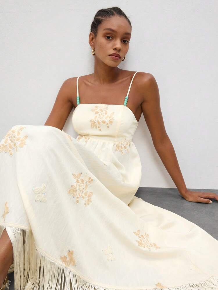 SHEIN Maija Women's Vacation Floral Embroidery Tassel Hem Sleeveless Dress,Summer Dresses For Women